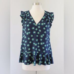 Banana Republic Navy Floral V-Neck Ruffle Sleeve Top Women’s Size S Petite